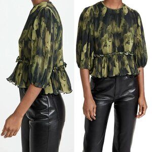 EUC GANNI Pleated Georgette Blouse in Olive Green Floral 38 6 Small